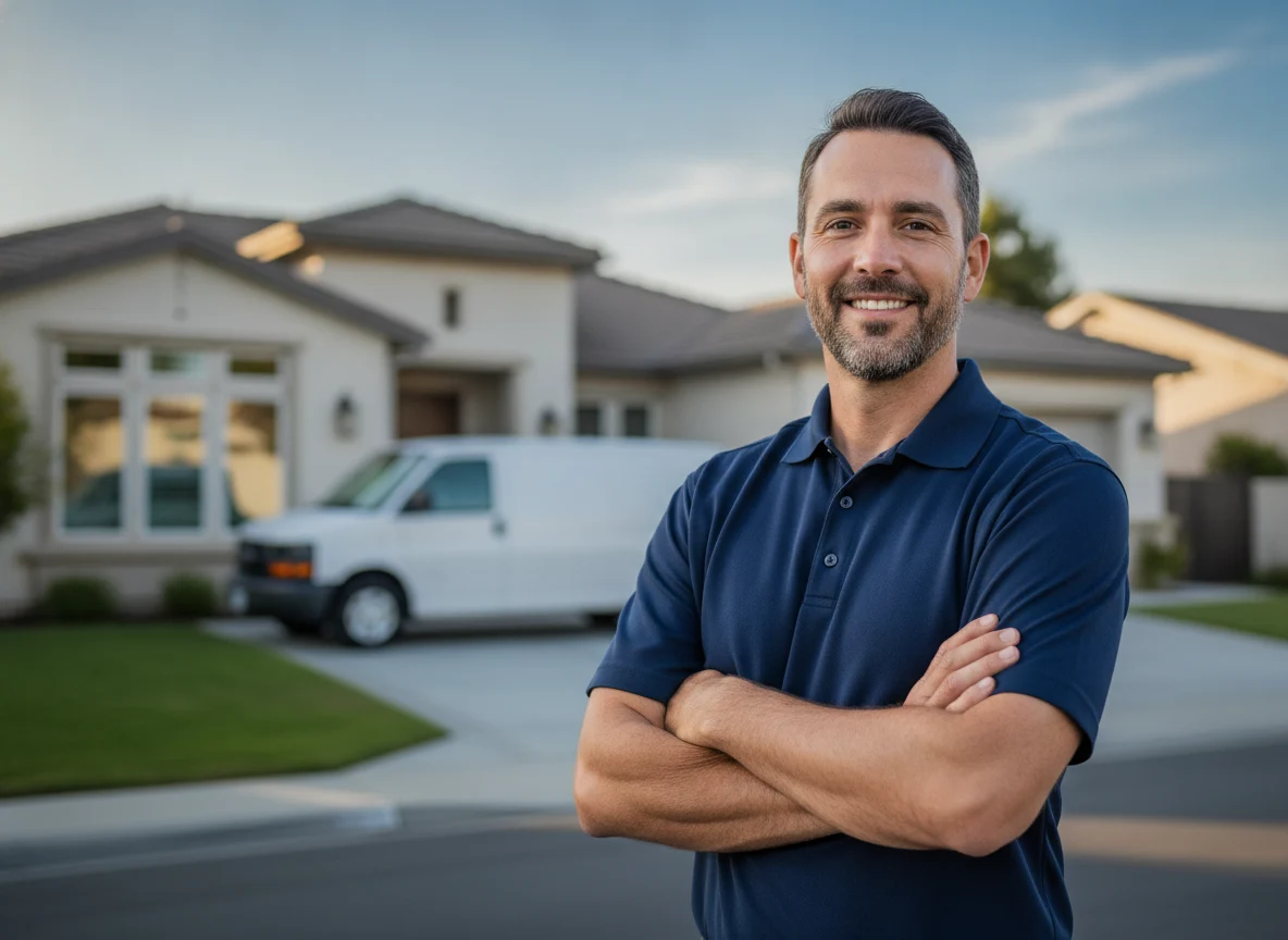 Air Flow Solutions technician standing in front of a service van at a Sacramento home