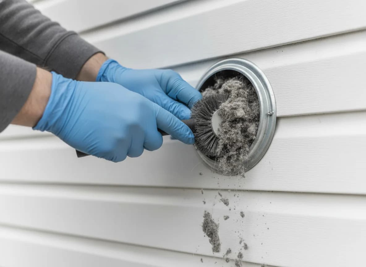 Technician removing lint buildup from an exterior dryer vent
